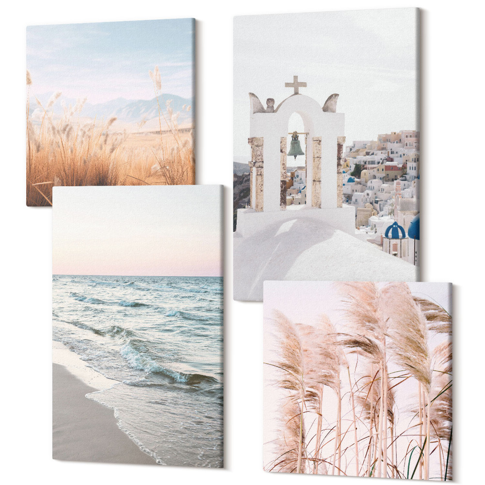 Sada 4 obrazů Přímořské rostliny, mořské vlny, pohled na bílé domy