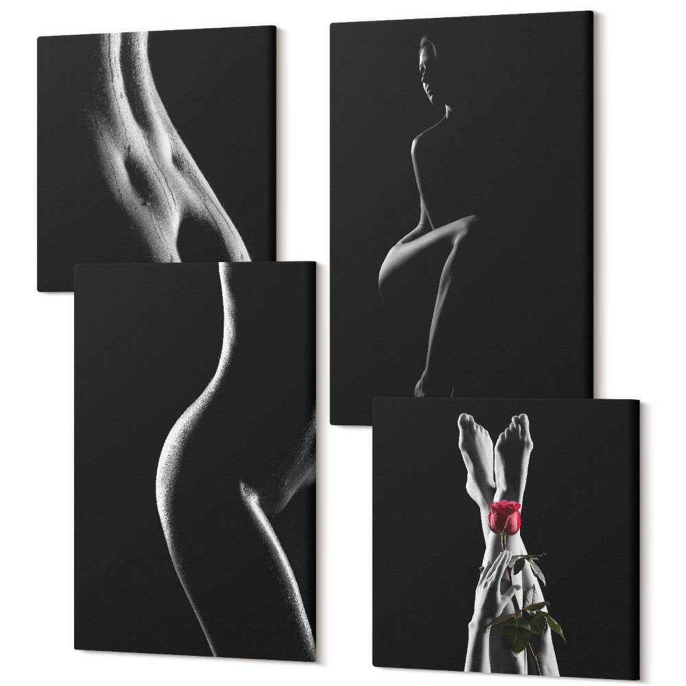 Sada 4 obrazů Černé a bílé ženské siluety erotika