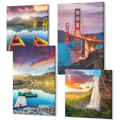 Sada obrazů kvadryptych Výhled na hory s jezery, lodě, most, vodopád