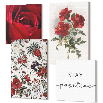 Sada obrazů kvadryptych Květy červené růže a inspirativní nápis