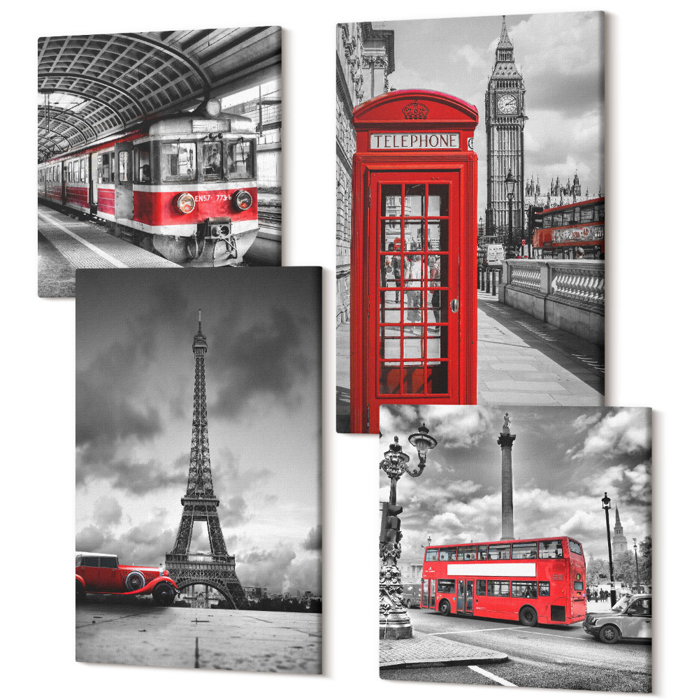 Sada obrazů na zeď kvadryptych Ikonická města Londýn Paříž a železniční doprava