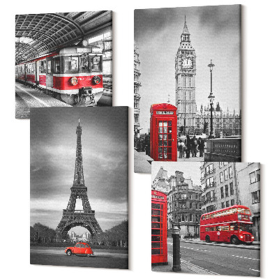 Sada obrazů kvadryptych Červené autobusy v městské krajině