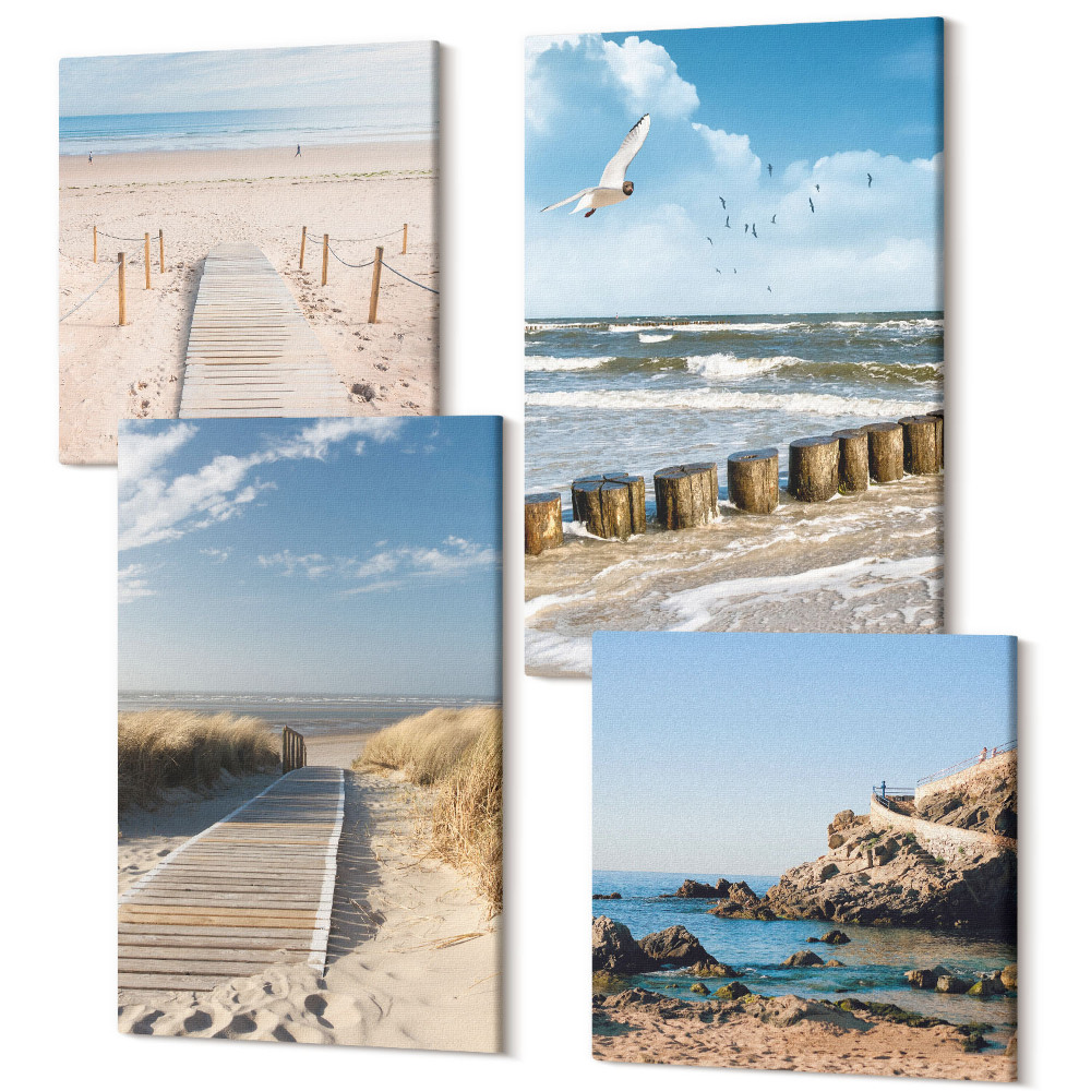 Sada obrazů na zeď kvadryptych Pláž s pískem, vlnami, oblohou a ptáky v letu