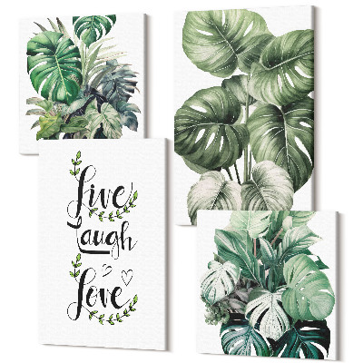 Sada 4 obrazů Listnaté rostliny se slovy žít, smát se, milovat