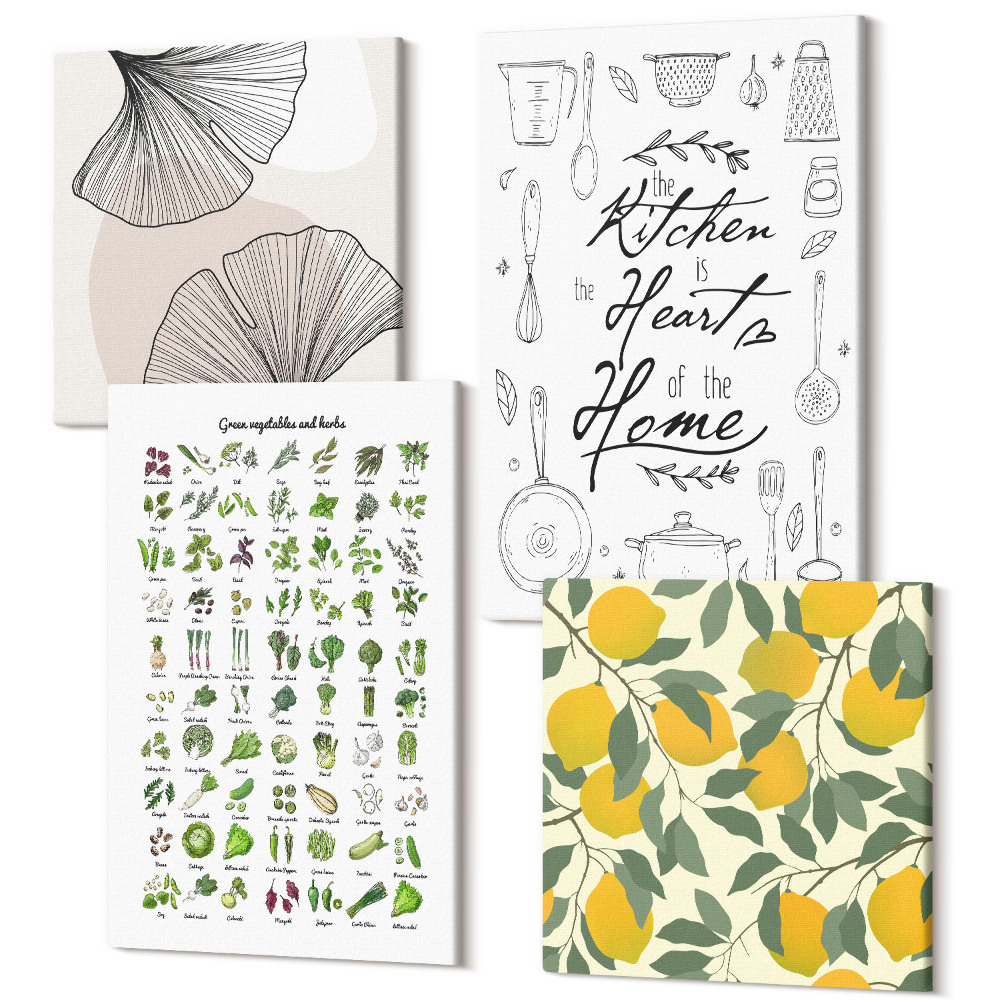 Sada obrazů na zeď kvadryptych Seznam bylin, kuchyňského znamení a malovaných citronů