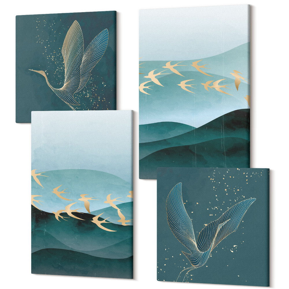 Sada obrazů na zeď kvadryptych Abstraktní krajiny vln a létajících ptáků