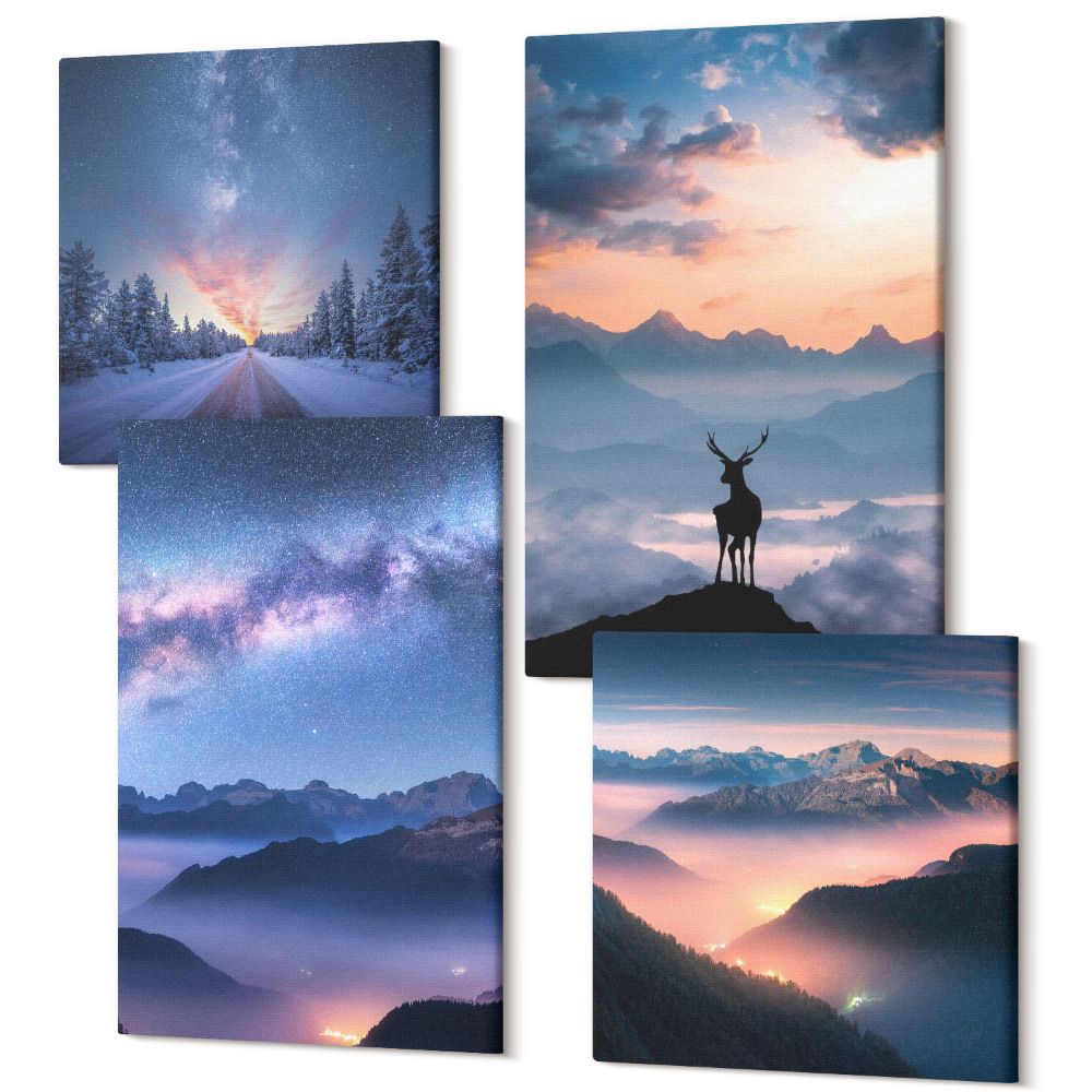 Sada 4 obrazů Noční obloha, hory, krajina v mlze a jeleni