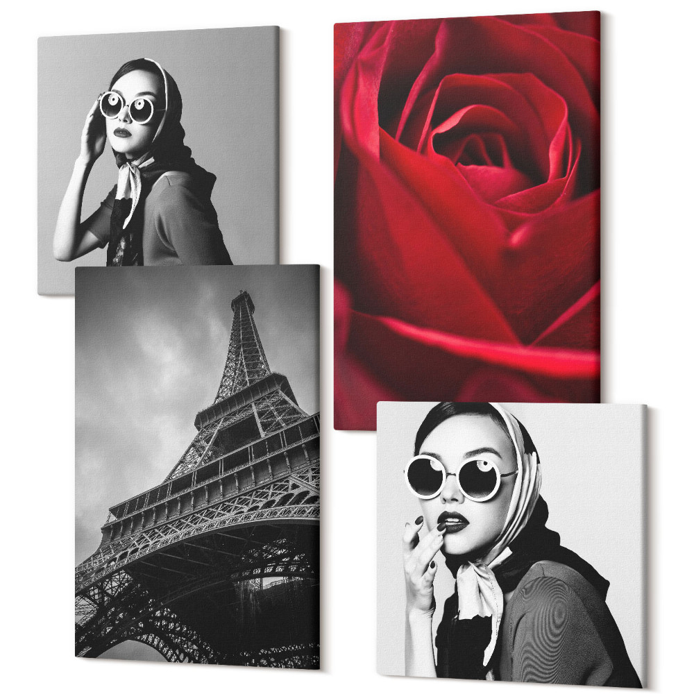 Sada obrazů na zeď kvadryptych Pařížanka s růžovými brýlemi a Eiffelova věž