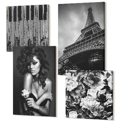 Sada 4 obrazů Portrét ženy s růží, Eiffelova věž abstrakty