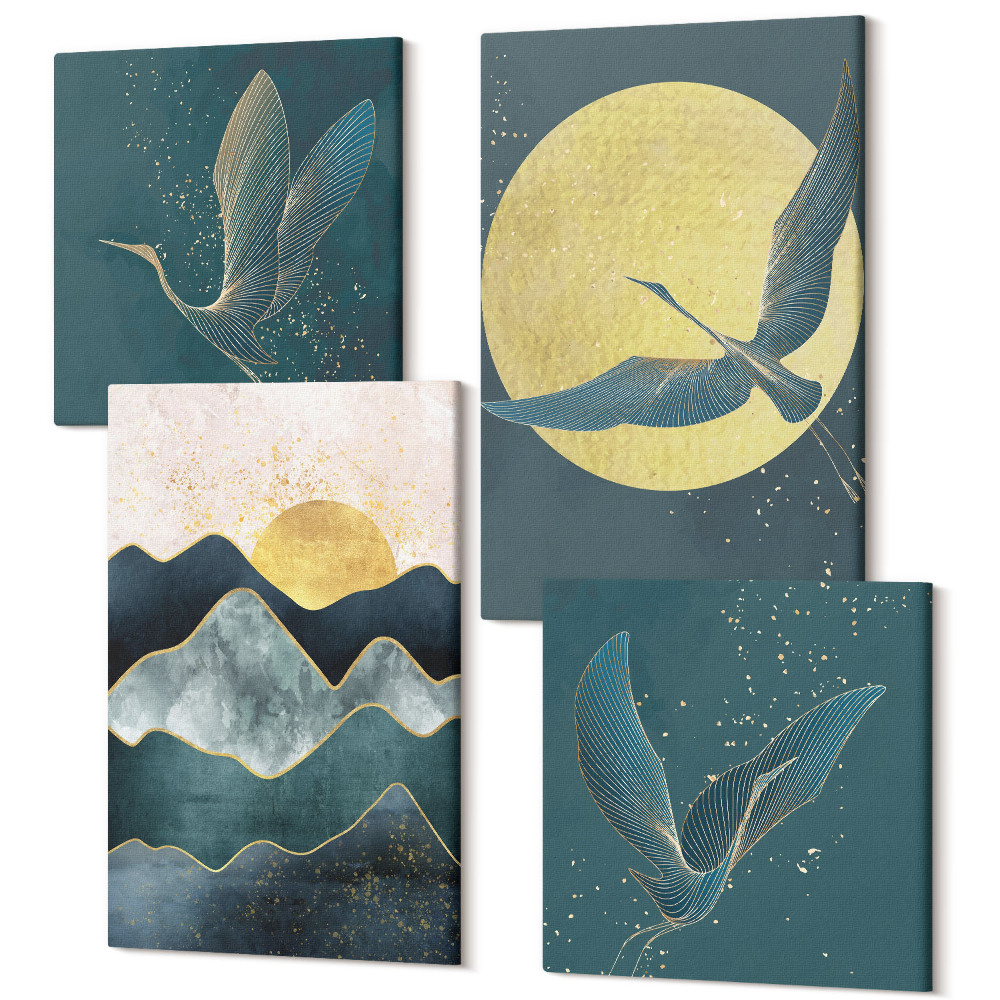 Sada obrazů kvadryptych Jeřáb ptáci v letu, měsíc, hvězdy a horská krajina