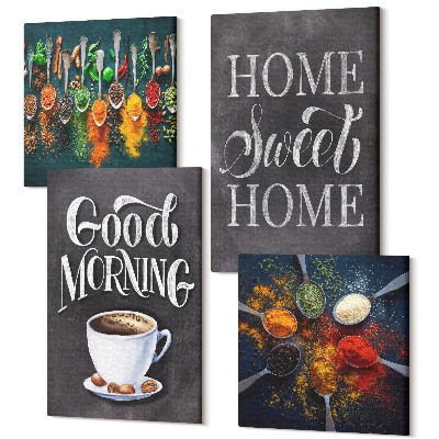 Sada 4 obrazů Koření kávy šálkem kuchyňské bylinky koření