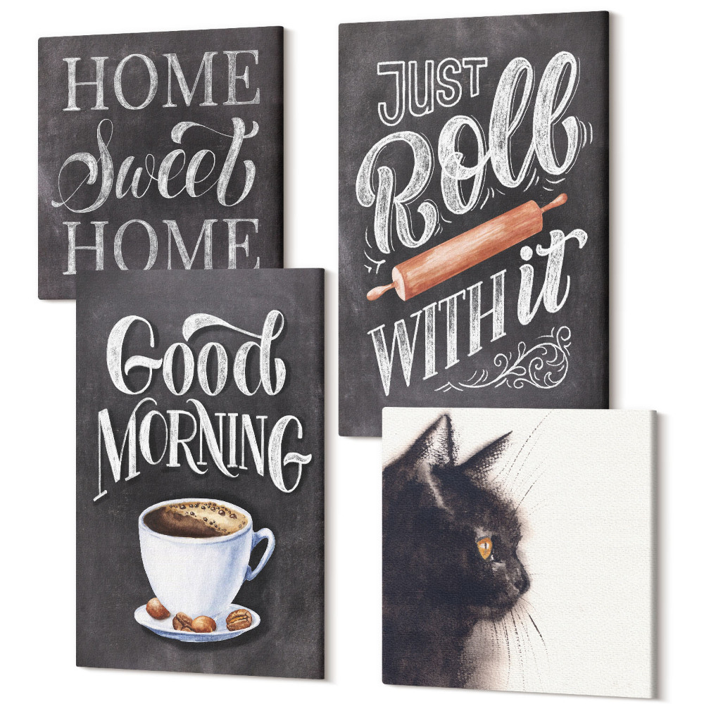 Sada obrazů kvadryptych Domácí kuchyně motivy kočičí tabule nápisy