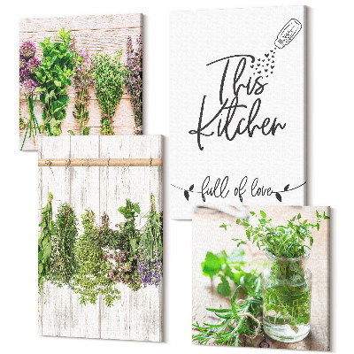 Sada obrazů na zeď kvadryptych Sušení bylinek a rostlin do kuchyně