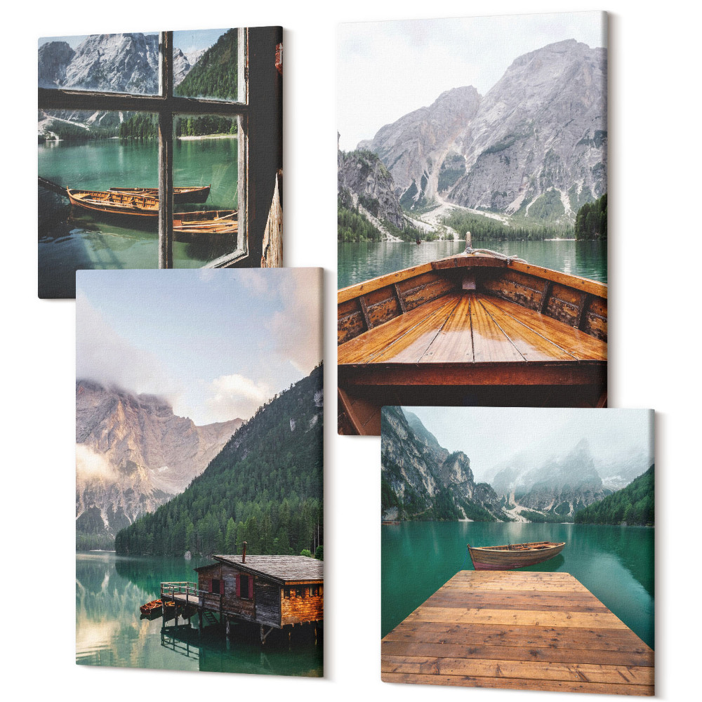 Sada obrazů na zeď kvadryptych Horská krajina, dřevěná chata, molo a lodě