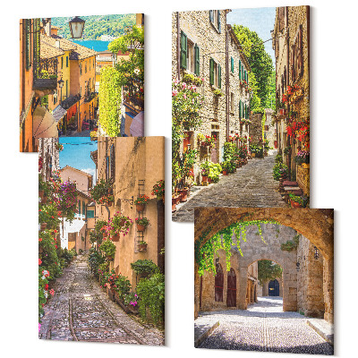 Sada 4 obrazů Italské uličky s květinami a krajinnou architekturou