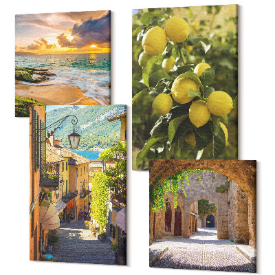 Sada 4 obrazů Malebné uličky, moře, pláže a citrusové stromy