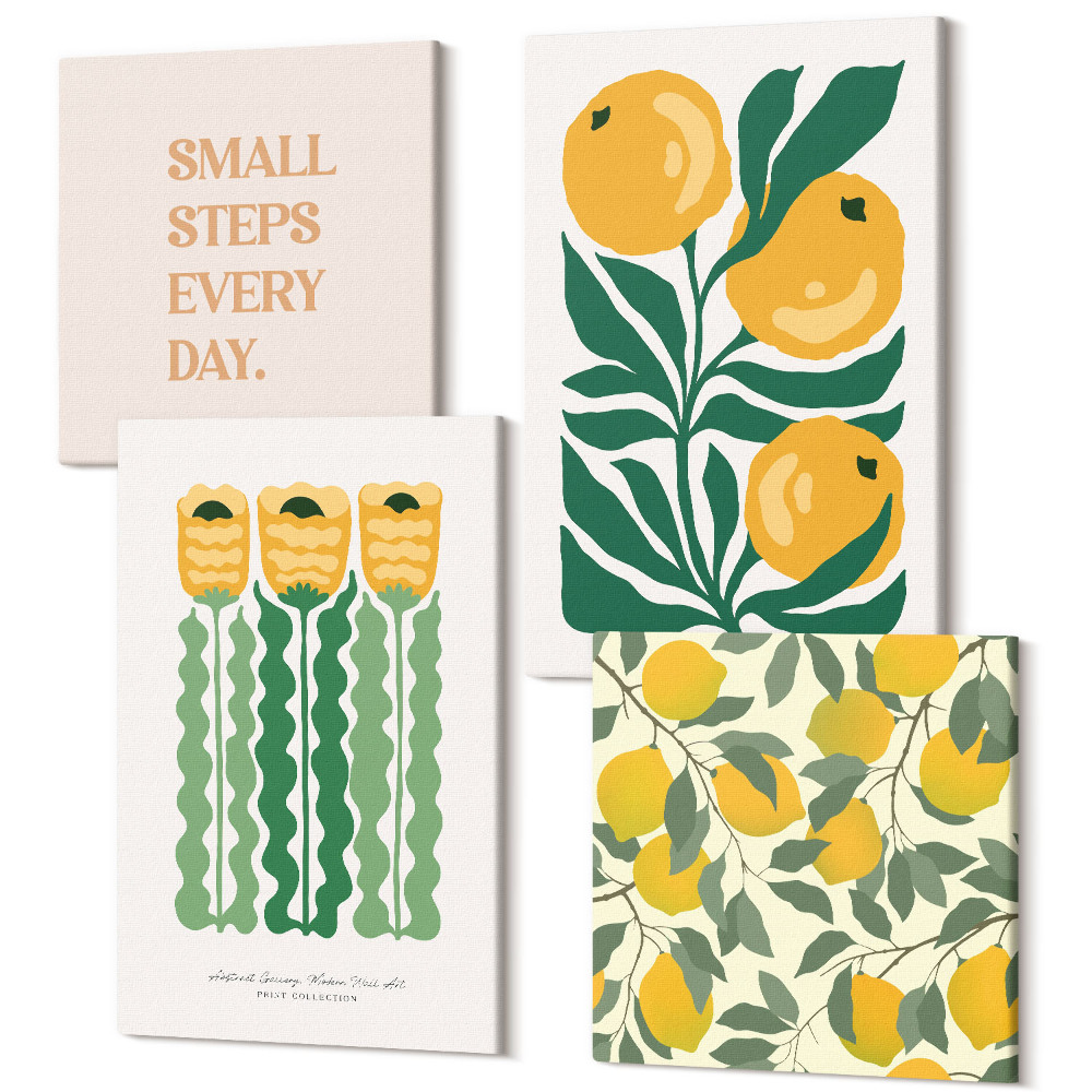 Sada obrazů na zeď kvadryptych Rostlinné vzory s květinami a listy plakáty