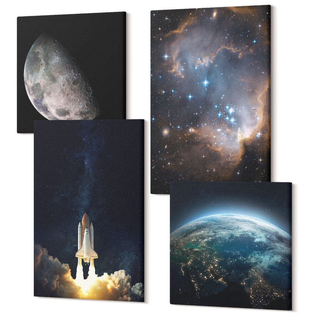 Sada 4 obrazů Vesmír Země raketa galaxie hvězdy oblohy