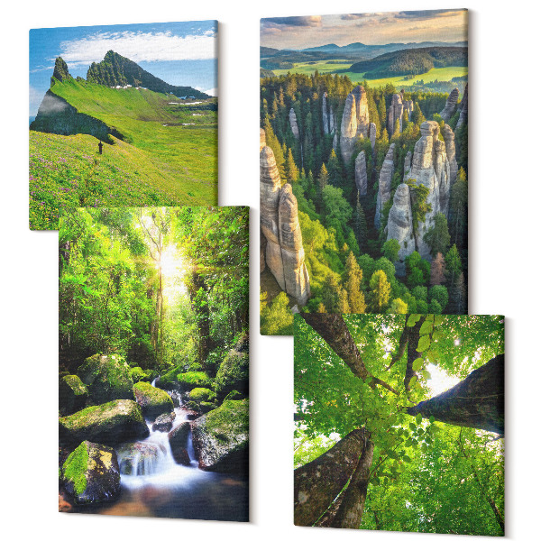 Sada obrazů kvadryptych Zelené horské krajiny s vodopádem a lesem