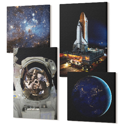 Sada obrazů kvadryptych Pohledy do vesmíru se Zemí, astronautem a raketou
