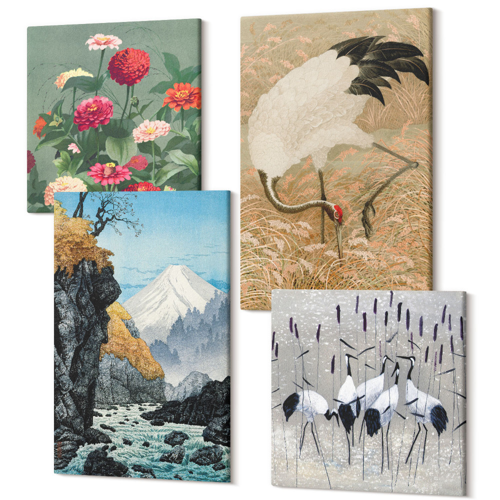 Sada obrazů kvadryptych Hory v krajině, řeka, květiny a jeřábi v trávě
