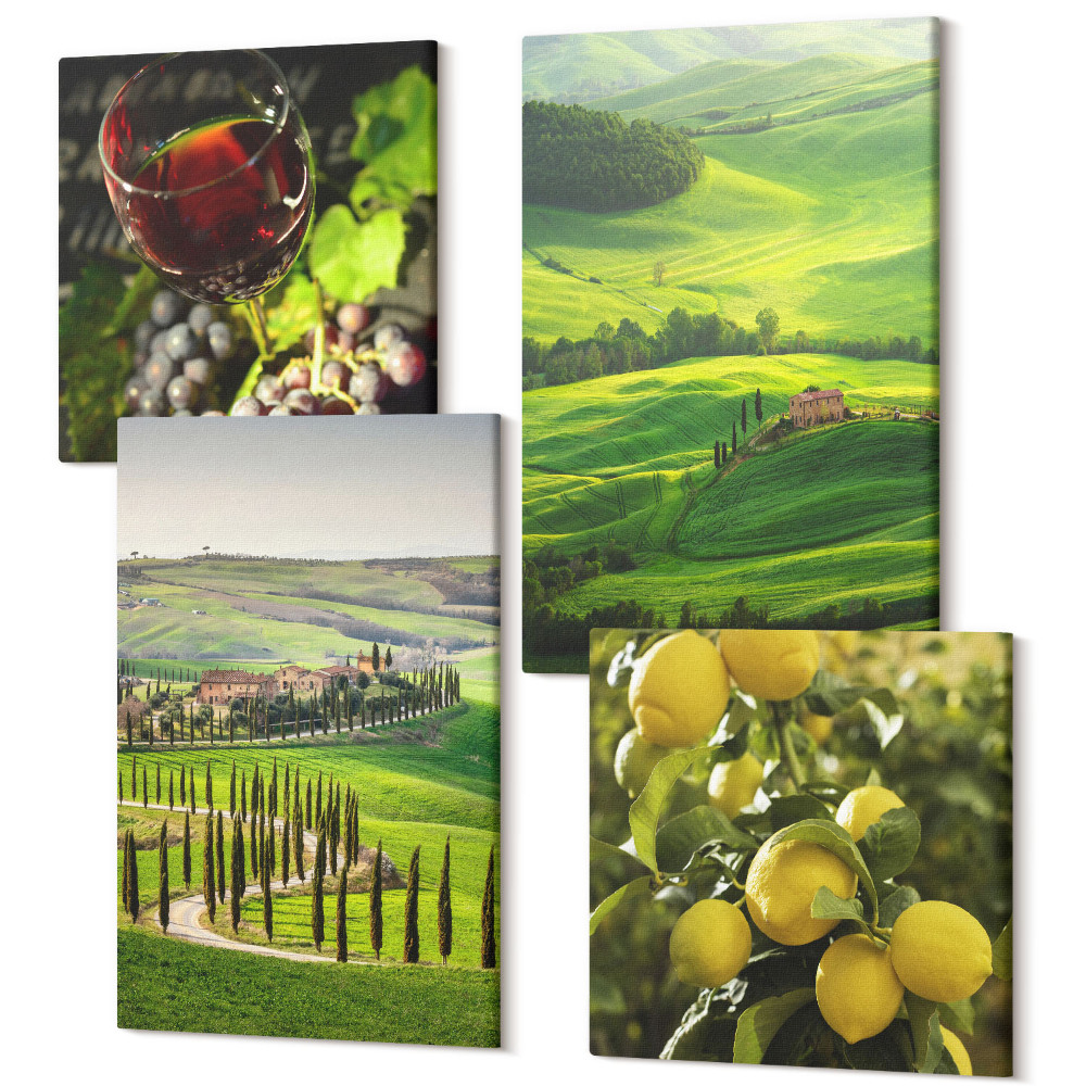 Sada obrazů na zeď kvadryptych Italská krajina s citrusovými stromy a zelenými kopci