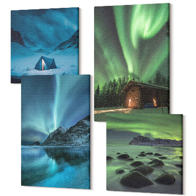 Sada 4 obrazů Zimní krajina s polární záři nad horami