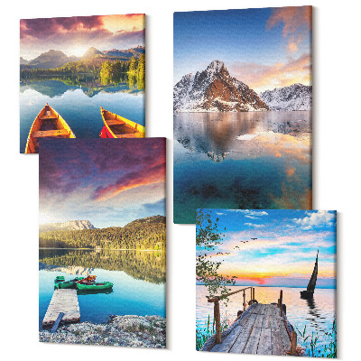 Sada 4 obrazů Klidná jezera s horskou scenérií a lodí