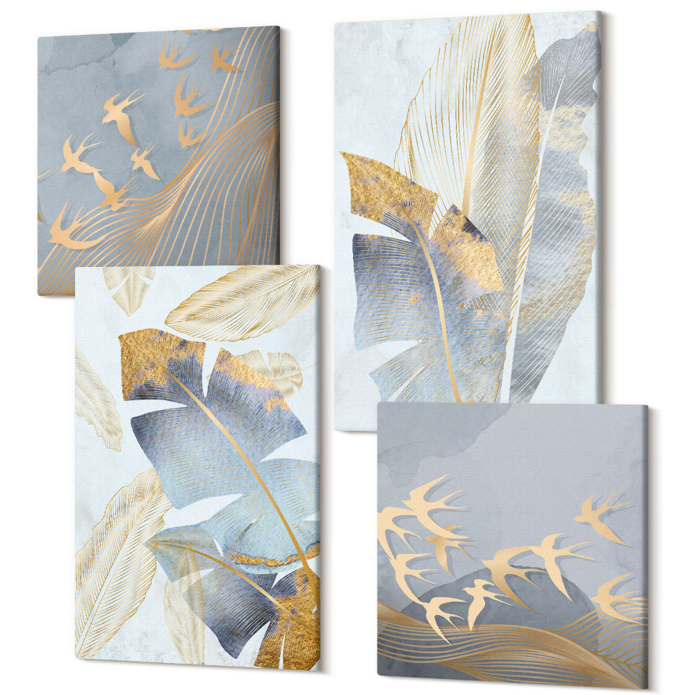 Sada obrazů kvadryptych Listy v odstínech modré a béžové na světlém pozadí
