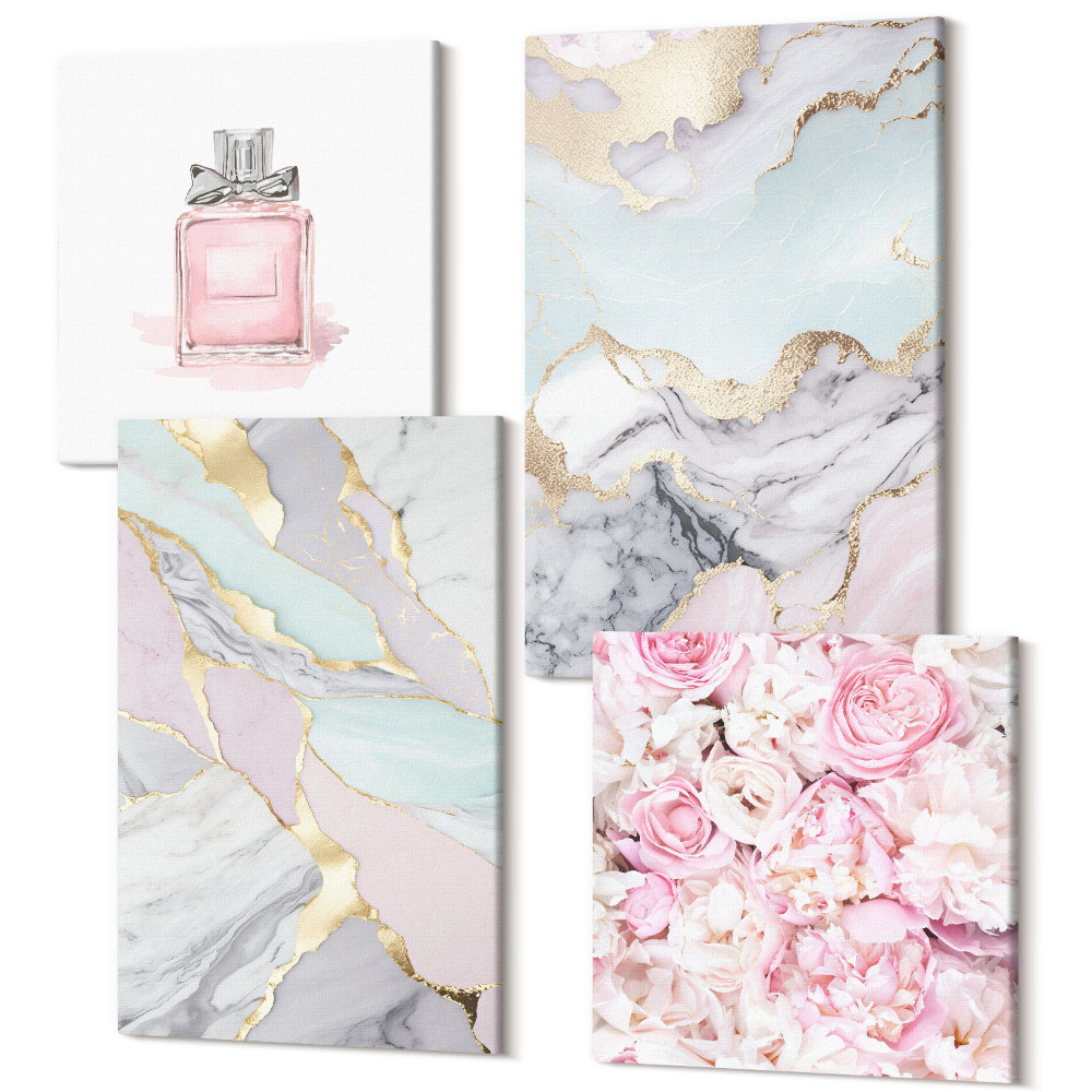 Sada 4 obrazů Růžové květy s mramorovými a pastelovými vzory