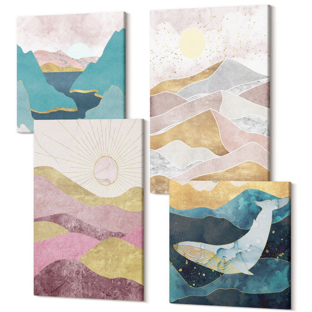 Sada obrazů kvadryptych Abstraktní krajiny s horami a sluncem
