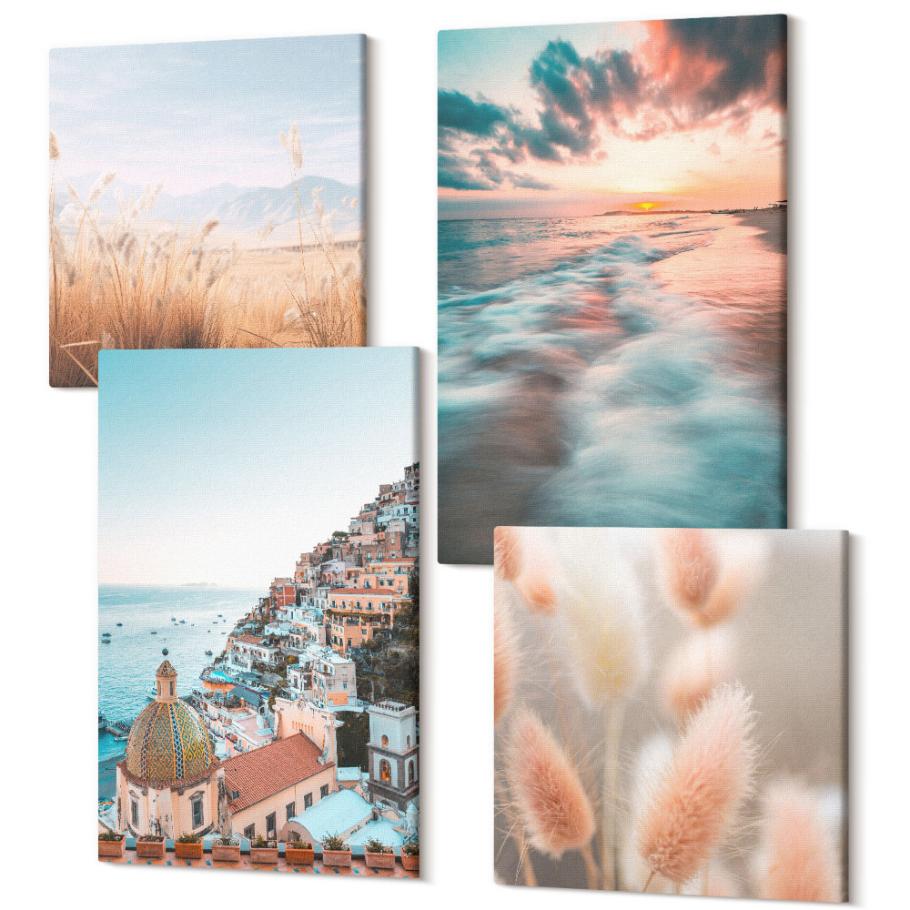 Sada obrazů na zeď kvadryptych Výhled na moře západ slunce barevné domy květiny