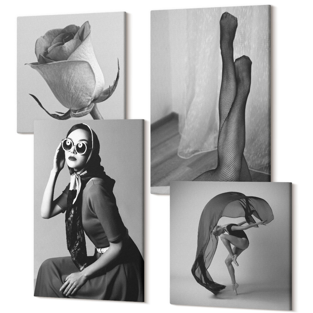 Sada 4 obrazů Stylové černobílé portréty žen v elegantních pózách