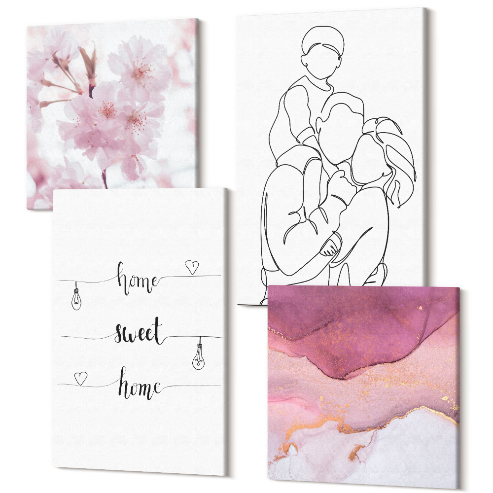 Sada obrazů kvadryptych Květiny a rodina v minimalistickém designu