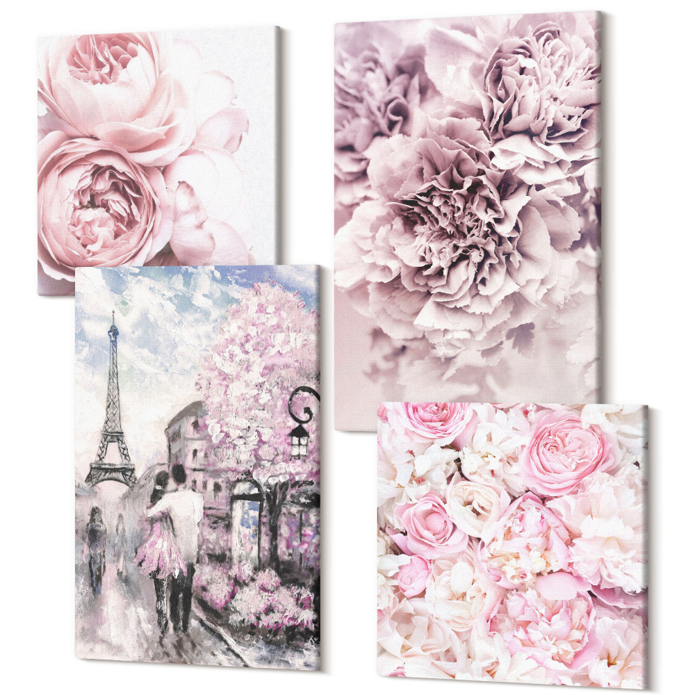 Sada obrazů na zeď kvadryptych Květiny v odstínech růžové romantické krajiny