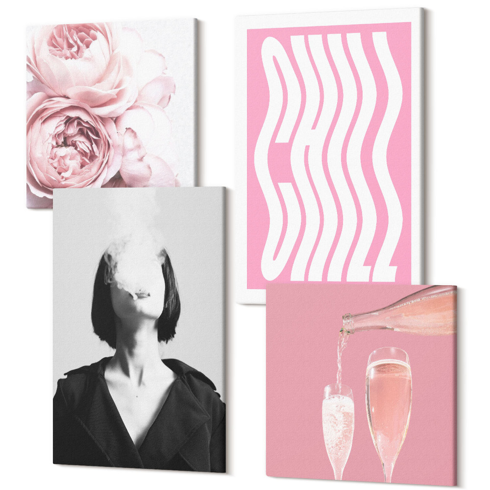 Sada obrazů kvadryptych Stylový portrét ženy, šampaňské, růže, relaxace