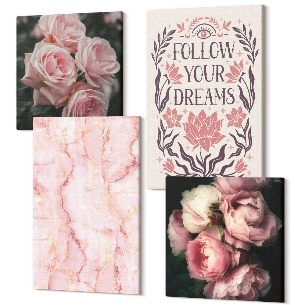 Sada obrazů na zeď kvadryptych Vintage růžový mramorový nápis o snech