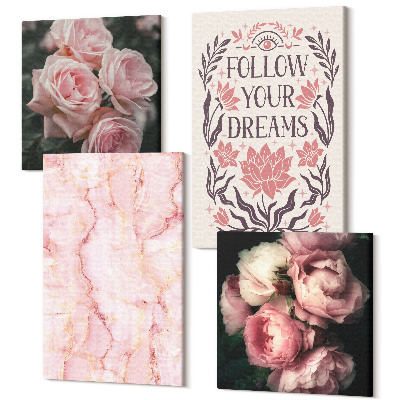 Sada obrazů na zeď kvadryptych Vintage růžový mramorový nápis o snech