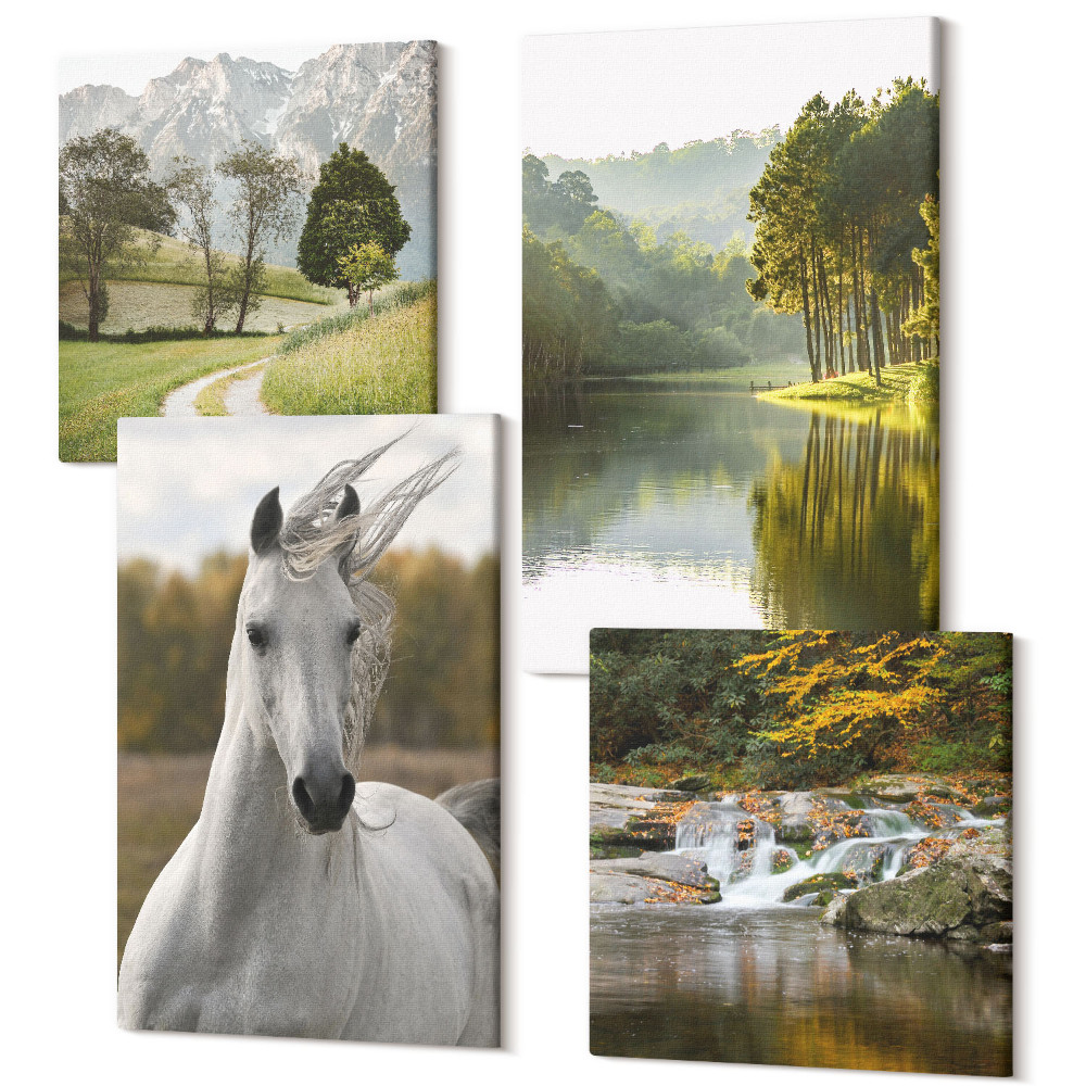 Sada obrazů kvadryptych Bílí koně u řeky přírodní krajiny