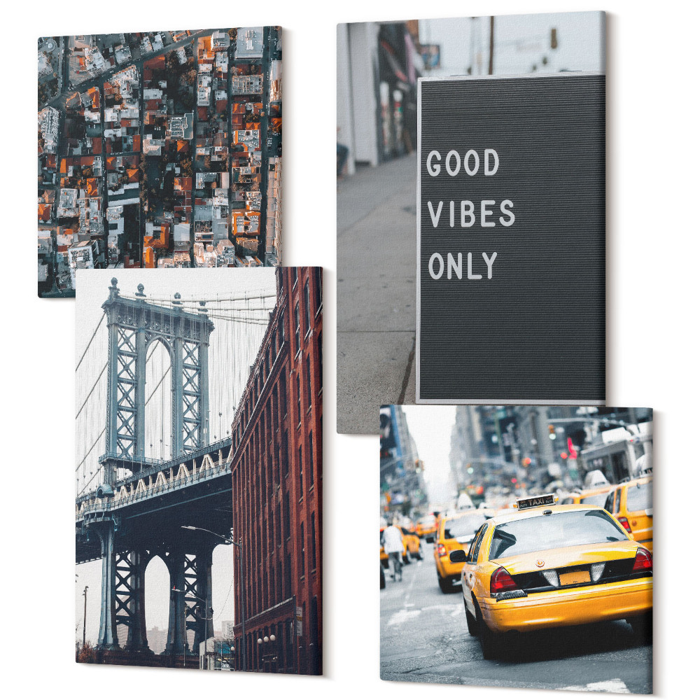 Sada obrazů na zeď kvadryptych Most ve městě s pouličními značkami, letecký pohled