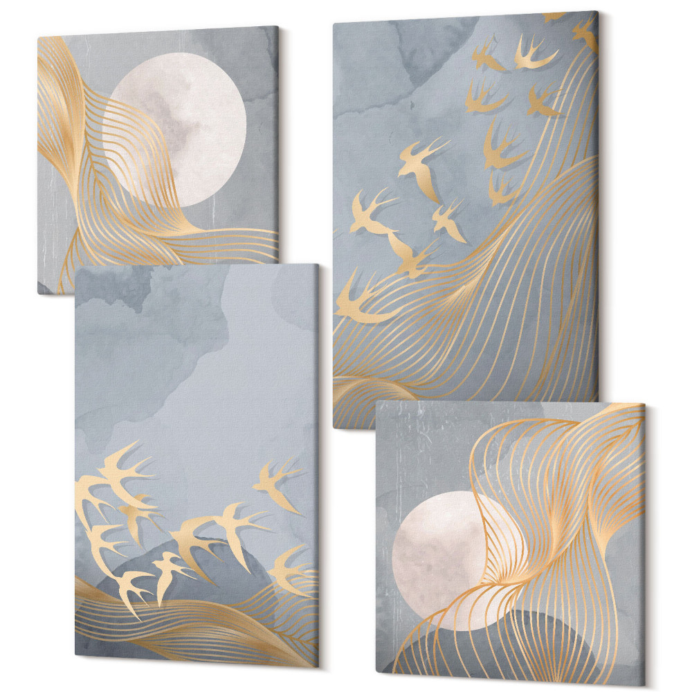 Sada obrazů na zeď kvadryptych Ptáci v letu proti obloze a měsíci