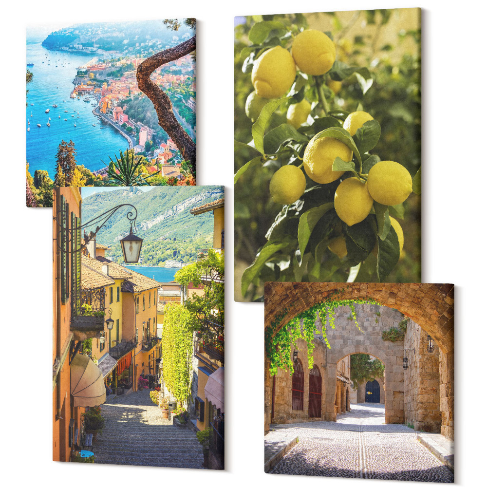 Sada obrazů na zeď kvadryptych Malebné přímořské uličky s výhledem na moře a citrony