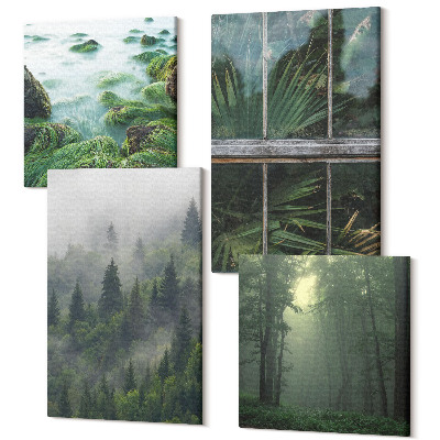 Sada 4 obrazů Les v mlze, břeh řeky a skleník s rostlinami