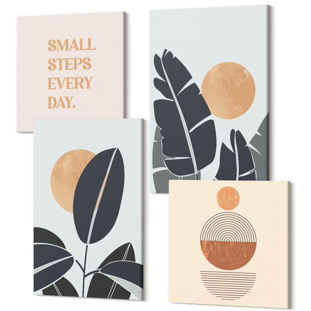 Sada obrazů kvadryptych Rostlinné vzory s velkými slunci, minimalistický styl