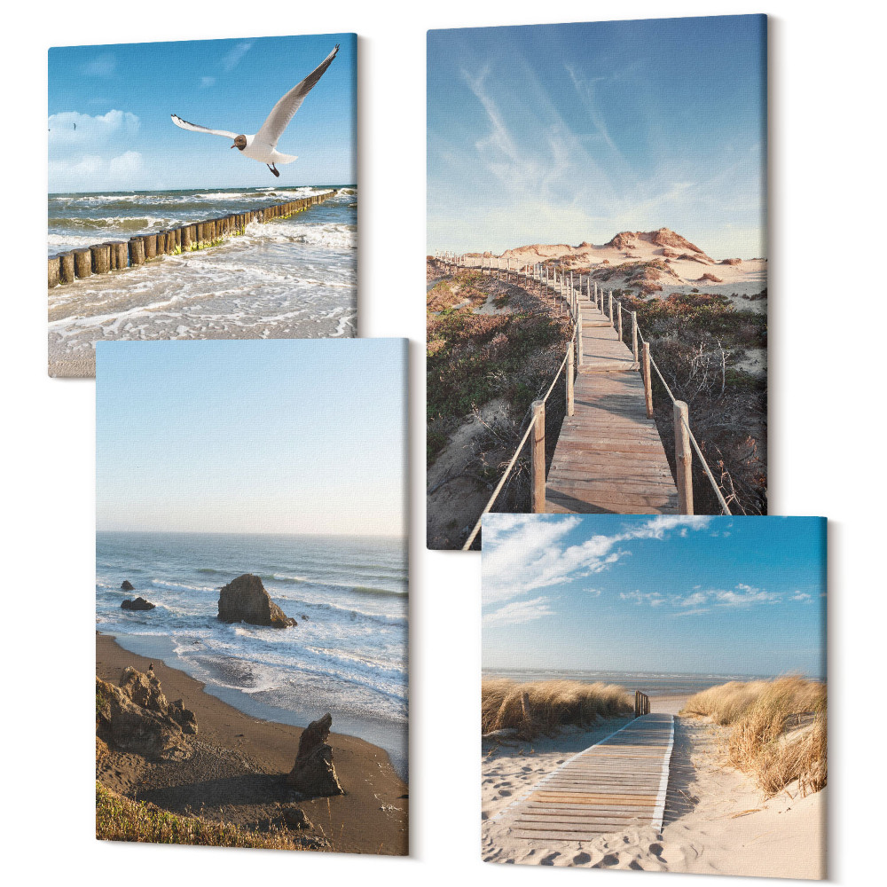 Sada obrazů kvadryptych Pohled na pláž s vlnami, oblohou a pěším molem