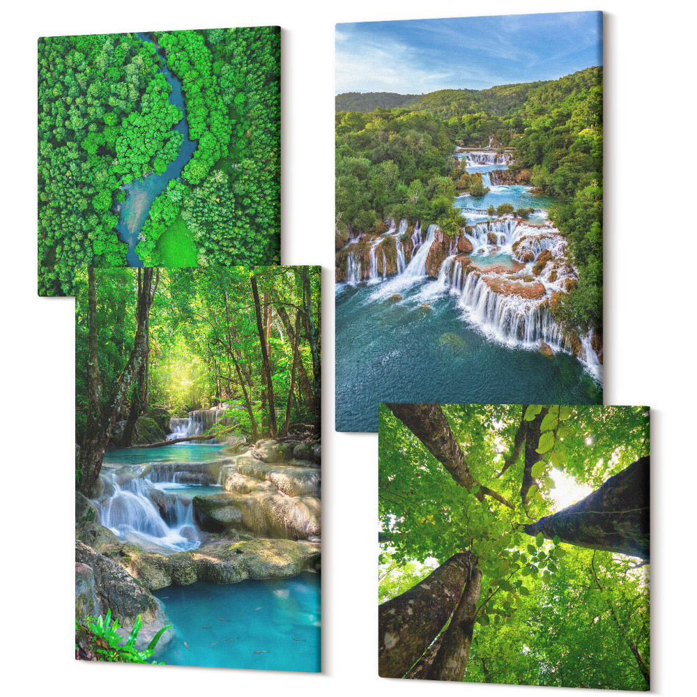 Sada obrazů na zeď kvadryptych Vodopády v zeleném lese s křišťálově čistou vodou