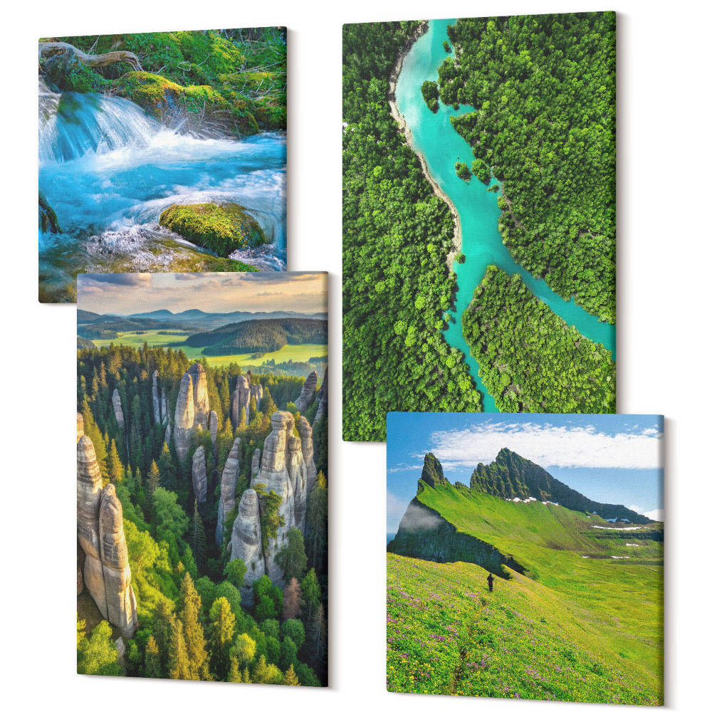 Sada 4 obrazů Zelené horské krajiny s řekou a skalami
