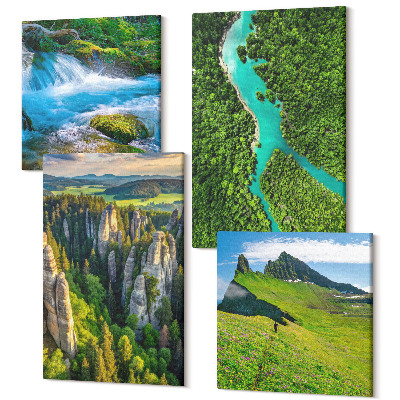 Sada 4 obrazů Zelené horské krajiny s řekou a skalami