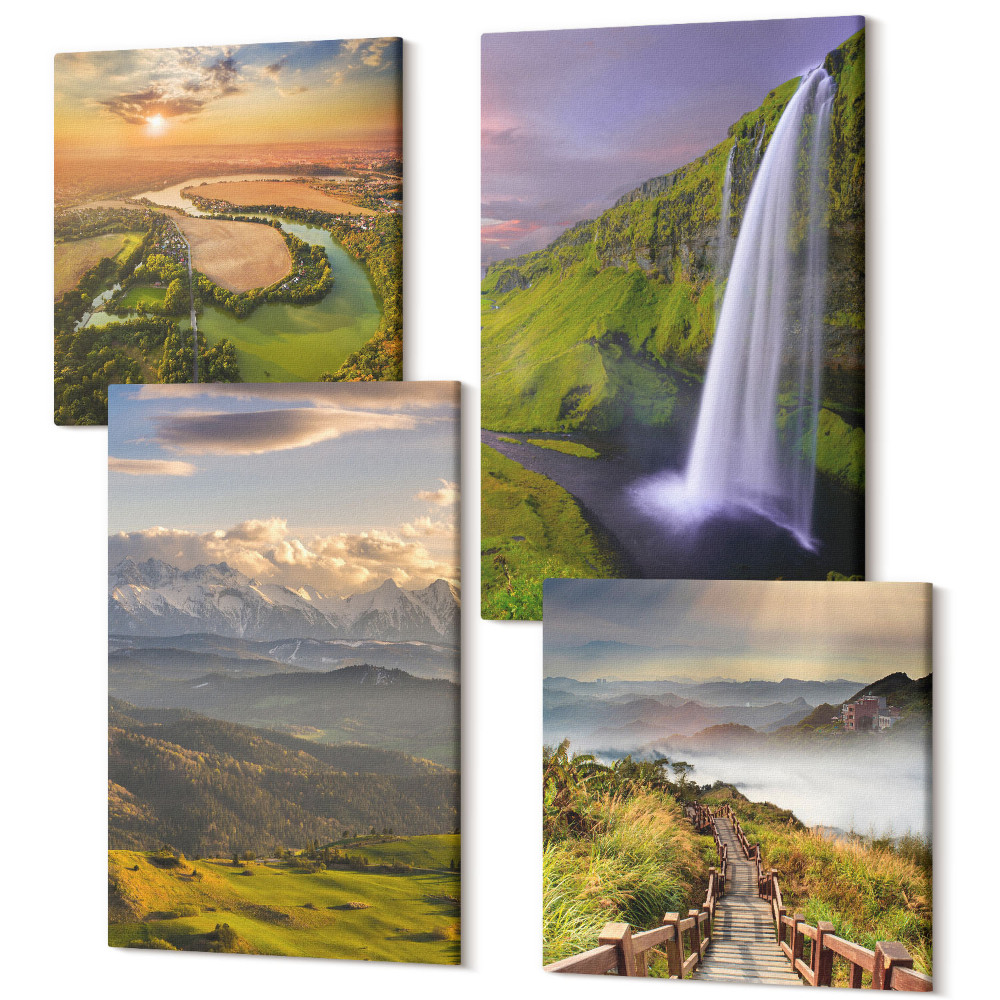 Sada obrazů na zeď kvadryptych Pohledy na horskou řeku a vodopád v přírodě