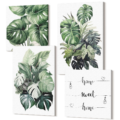 Sada 4 obrazů Zelené listy tropických rostlin akvarelů